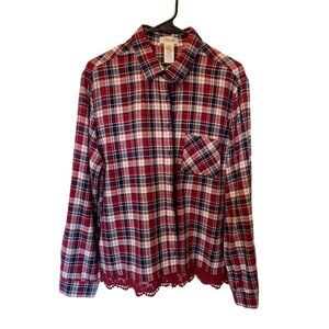 🍒 2/$20 🍒 Red Plaid with Lace Fringe and Explore Screen Print Flannel sz XL